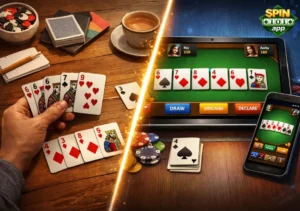Spin and win rummy gameplay showing traditional cards alongside a digital rummy interface.