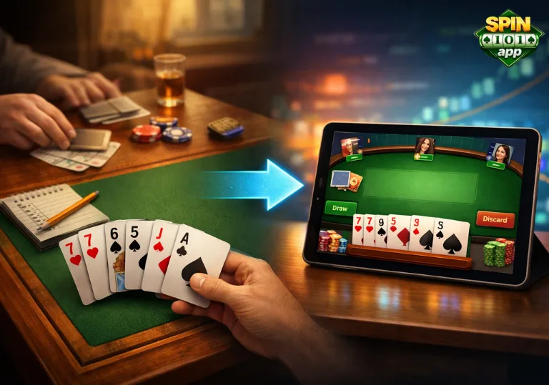 Spin and win rummy gameplay showing the transition from traditional card play to a digital rummy interface.