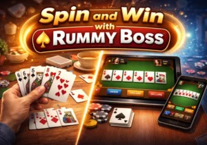 Spin and win experience showing traditional rummy cards transitioning into digital gameplay on Rummy Boss.