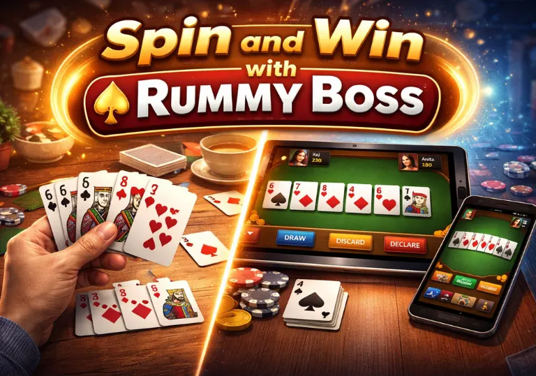 Spin and win experience showing traditional rummy cards transitioning into digital gameplay on Rummy Boss.