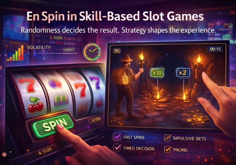 Illustration showing en spin in a skill-based slot game with spinning reel and bonus interaction.