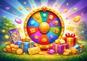 Illustration representing spin 101 app review with a colorful digital reward wheel