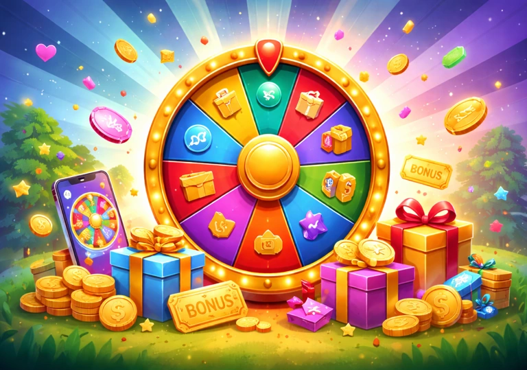 Illustration representing spin 101 app review with a colorful digital reward wheel