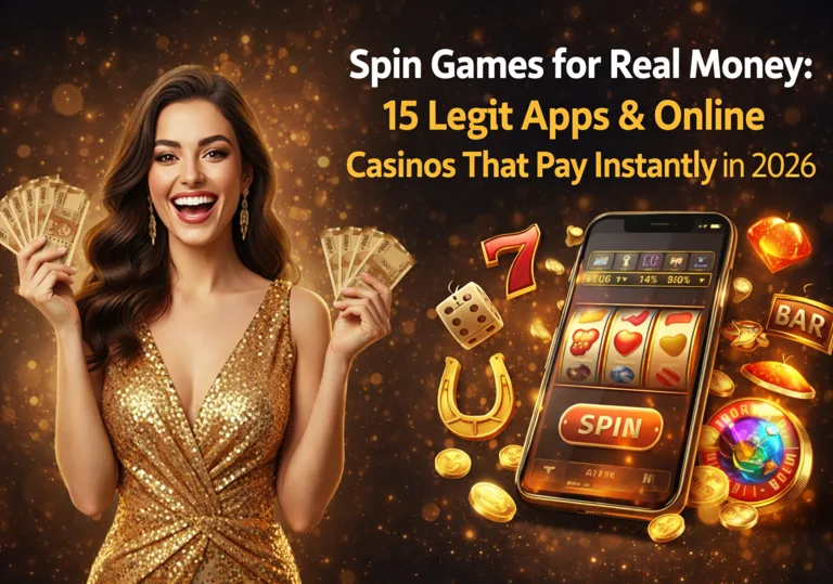 Spin games real money banner featuring a mobile slot app and cash visuals