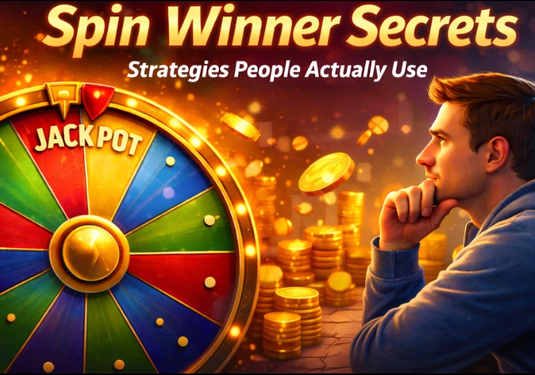 A spin winner calmly observing a spinning wheel while considering timing and outcomes.