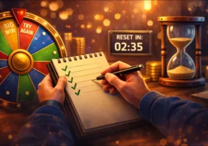 A spin winner reviewing a simple checklist while observing timing and limits in a spin-based system.