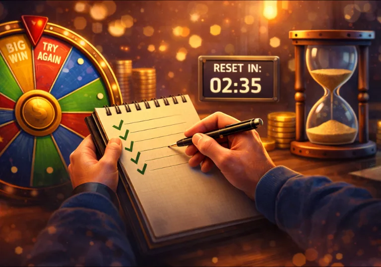 A spin winner reviewing a simple checklist while observing timing and limits in a spin-based system.