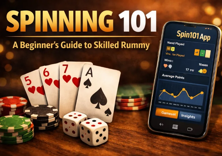 Spinning 101 beginner guide showing skilled rummy gameplay with cards, chips, and the Spin101 app interface