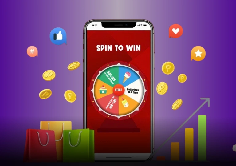 Spin to win app showing a mobile reward wheel with prizes