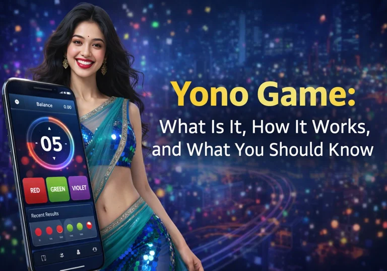 Yono Game mobile interface displayed beside a model in a digital banner design