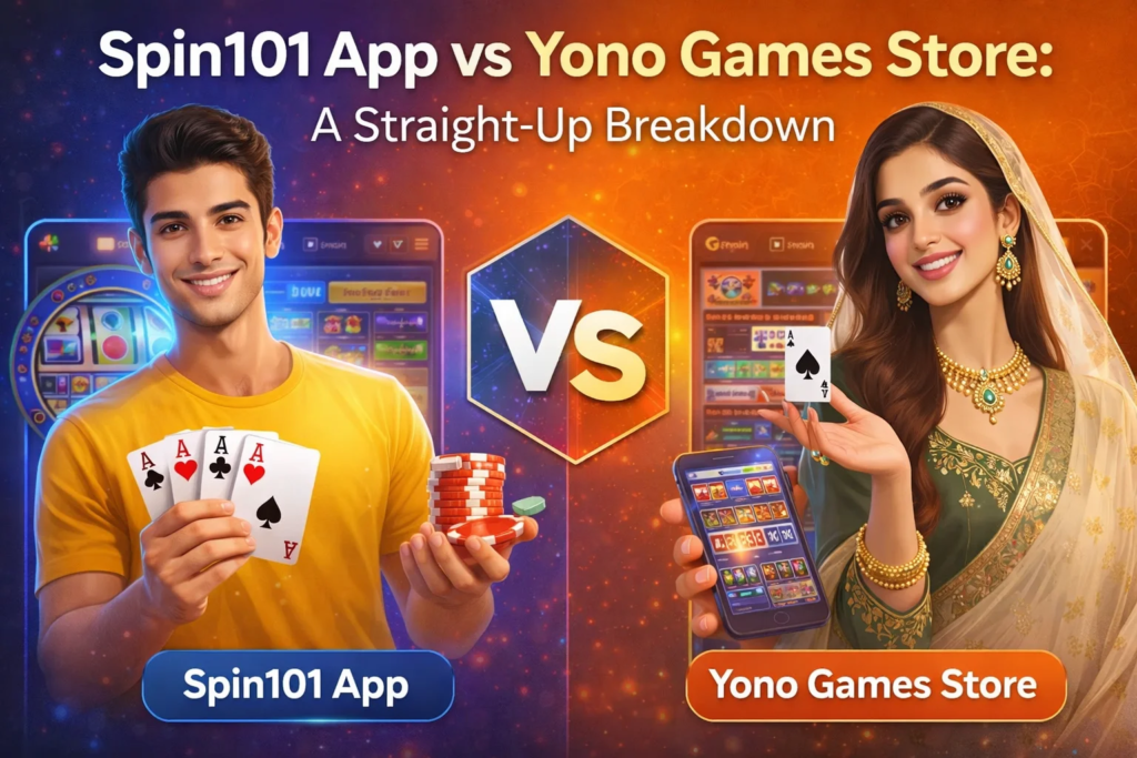 Spin101 App vs Yono Games Store comparison interface showing gameplay and bonus features