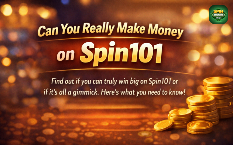 User spinning a digital wheel on Spin101 app with coins and rewards popping up on screen