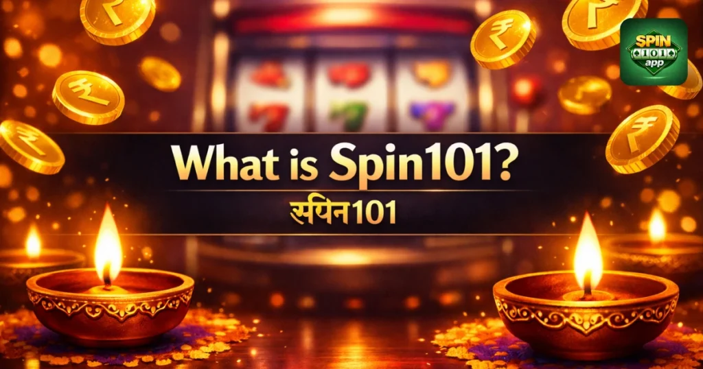 Vibrant Spin101 India casino image with diyas, rupee coins, slot machine background, and What is Spin101 title banner
