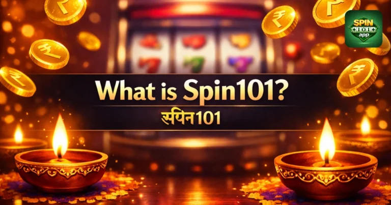 Vibrant Spin101 India casino image with diyas, rupee coins, slot machine background, and What is Spin101 title banner